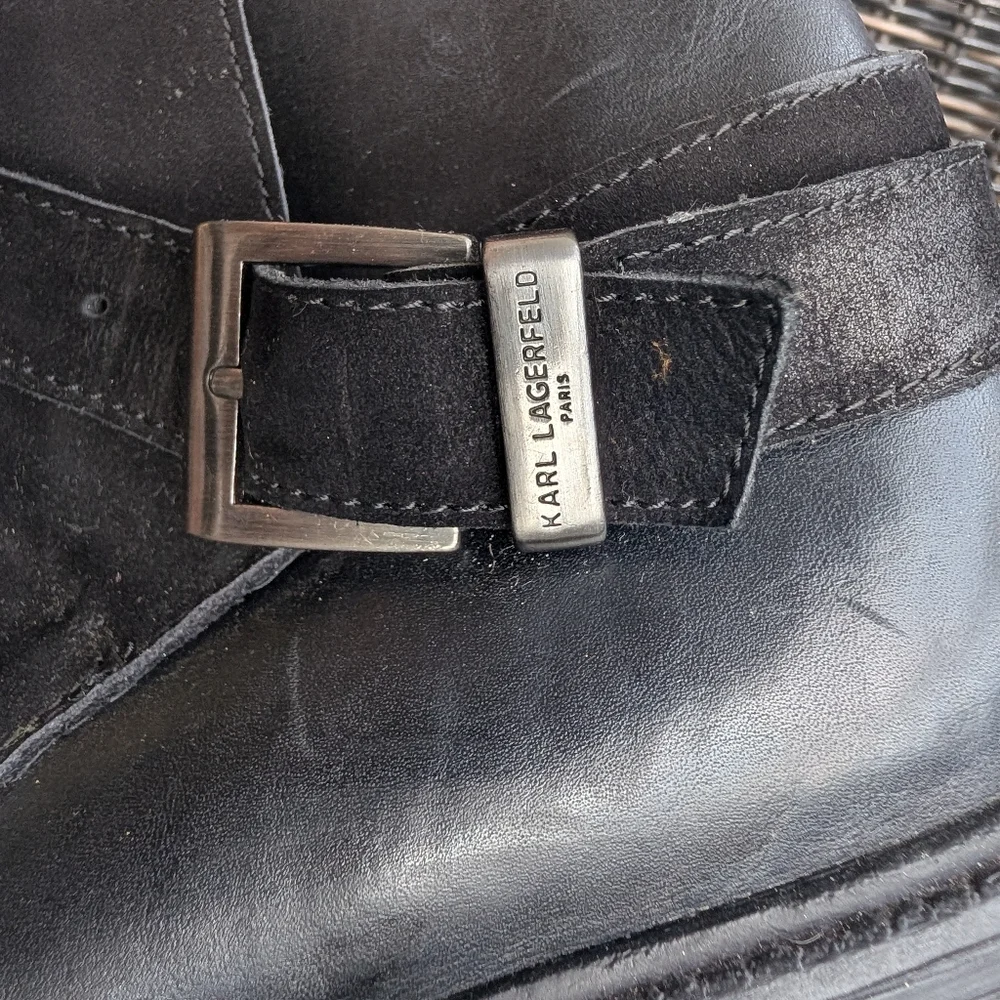 Karl Lagerfeld Paris Black suede and leather Harness with Buckle ankle Boots 9